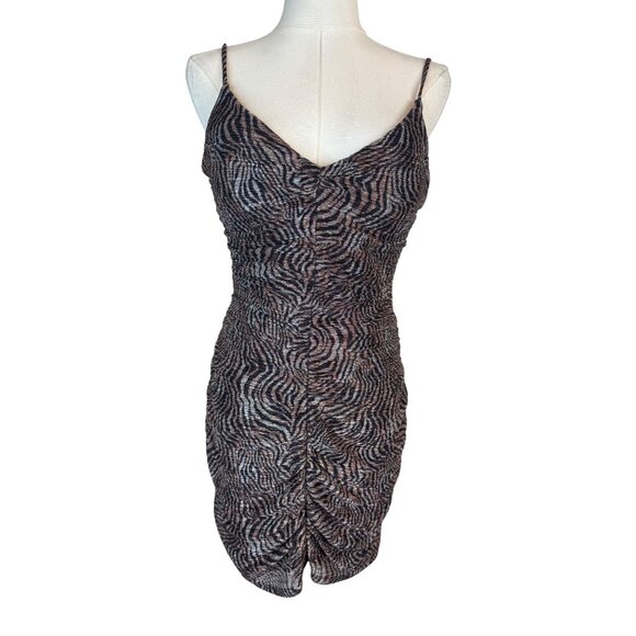 NWT JUMP Apparel Brown Zebra Small Print Ruched Bodycon Mini Dress Thin Straps - Picture 3 of 14